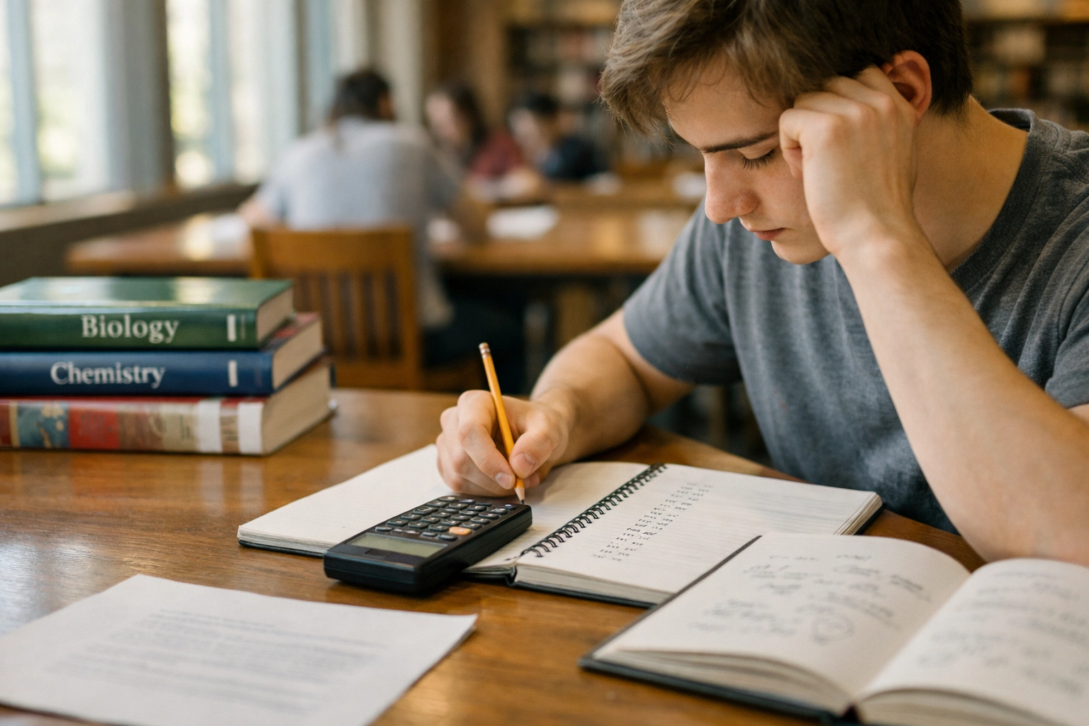 cálculo de nota de admisión con calculadora y apuntes de biología en mesa