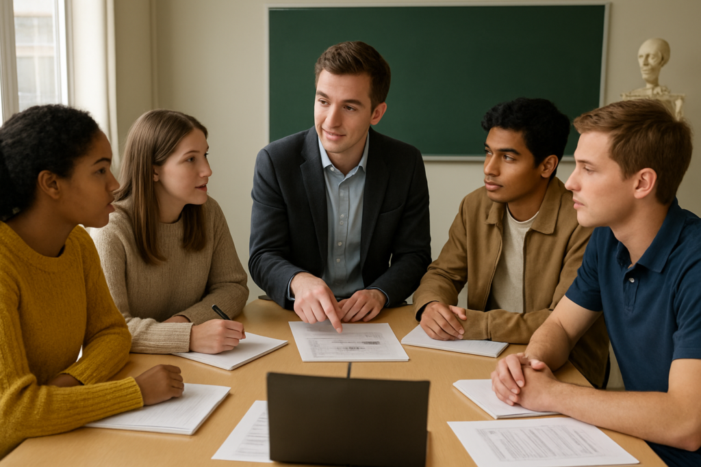 Grupo en aula con profesor planificando sesiones para estudiar para la selectividad con modelos cientificos y cuadernos desenfocados