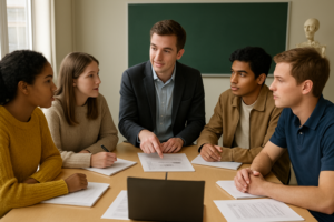 Grupo en aula con profesor planificando sesiones para estudiar para la selectividad con modelos cientificos y cuadernos desenfocados
