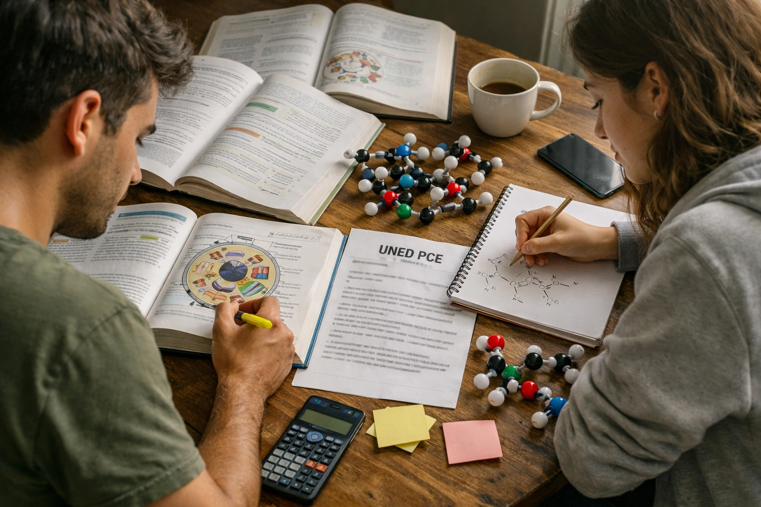 Dos estudiantes preparando Biología y Química en casa para PCE, estudiando apuntes para estudar farmacia