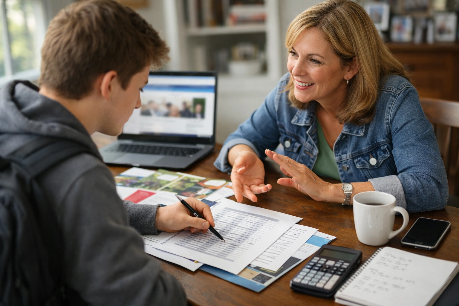 estudiante y orientador consultando asignaturas para subir nota en selectividad en casa, tablas y folletos sobre la mesa