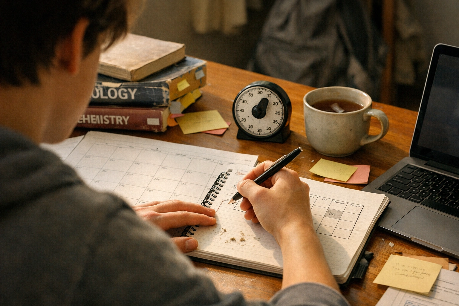 Estudiante planificando calendario en escritorio con libros de Biologia y Quimica, organizando cuando empezar a estudiar para selectividad, ambiente casero de estudio, libro y ordenador
