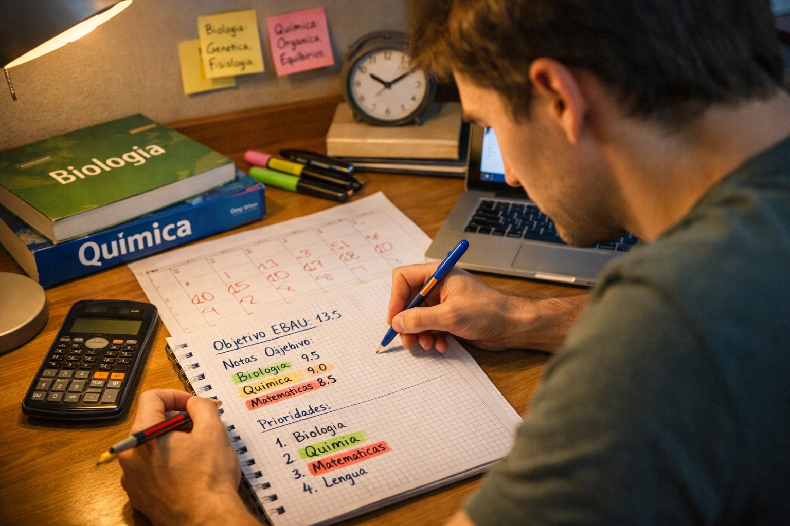 Estudiante planificando estrategia y calendario de estudio para subir nota en selectividad 2026, con libros y calculadora