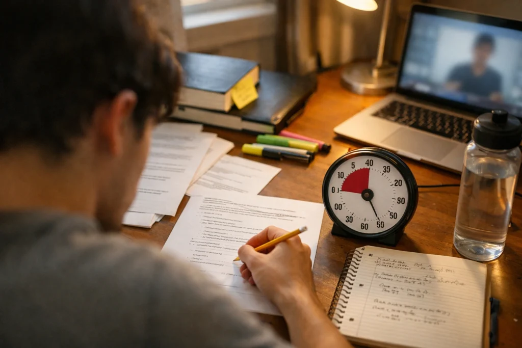 estudiante practicando examen de química para mejorar la nota de acceso, papeles y temporizador