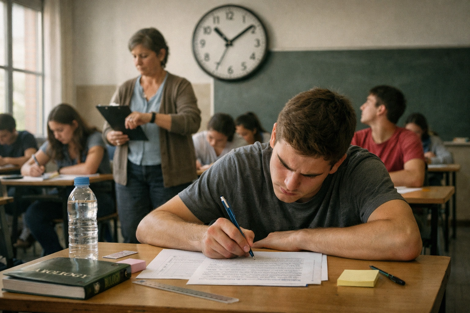 Estudiantes en simulacro cronometrado en aula, escribiendo y mirando reloj, preparados para la selectividad 2026