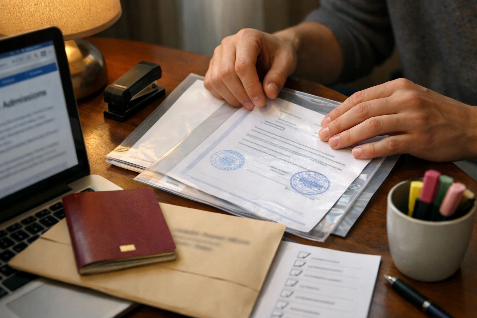 Manos organizando certificados, pasaporte y traducciones para estudiar en España, trámite para estudar farmacia