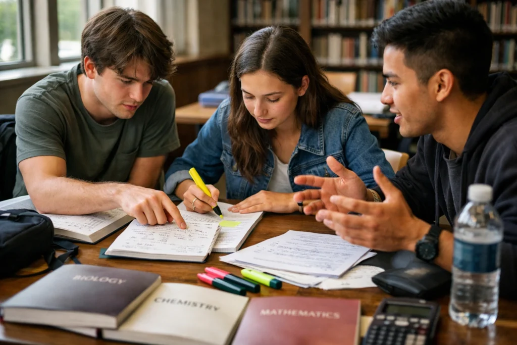 Tres estudiantes estudiando en biblioteca reforzando materias clave para ano zero na universidade