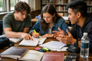 Tres estudiantes estudiando en biblioteca reforzando materias clave para ano zero na universidade