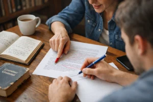 Tutor corrigiendo redacción con estudiante en mesa de estudio, mejorando ortografía y coherencia para la selectividad 2026