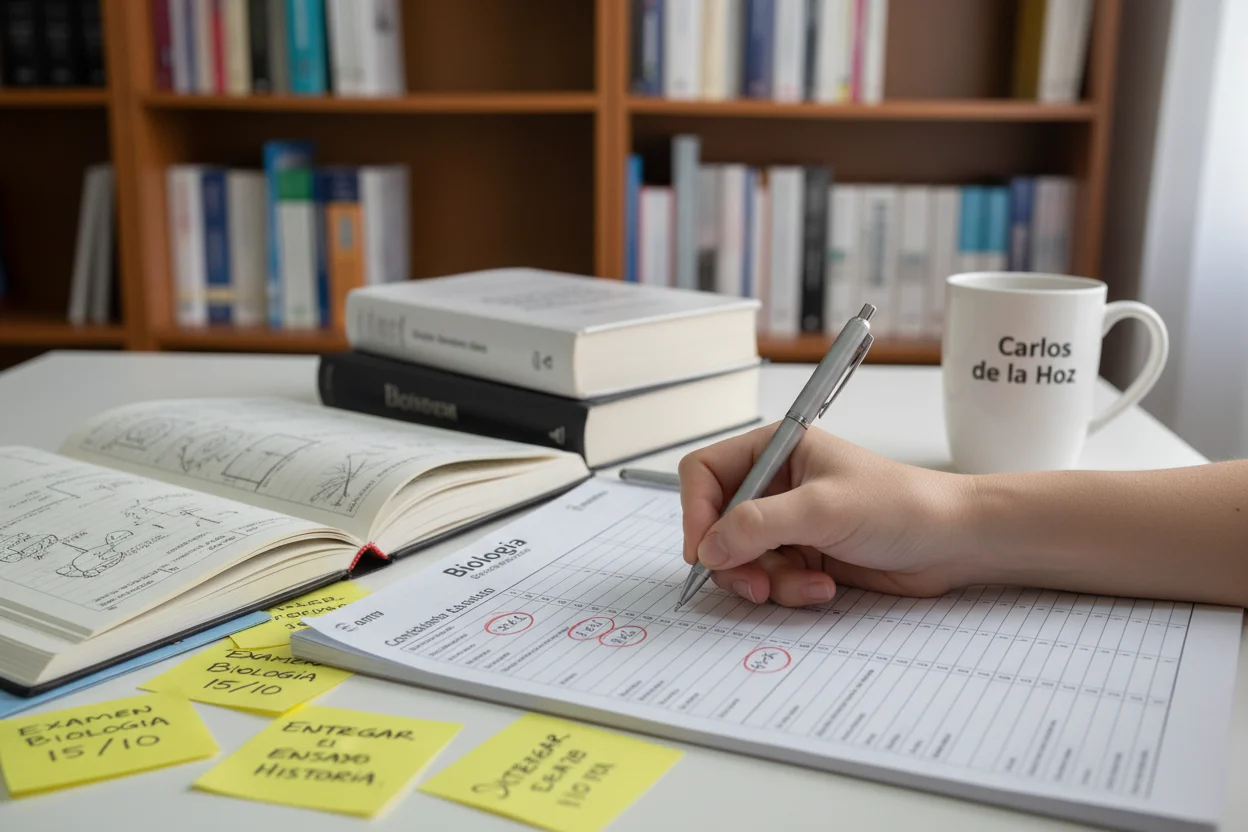 secretária de estudo com livros académicos, planner com datas marcadas e caneca Academia Carlos de la Hoz