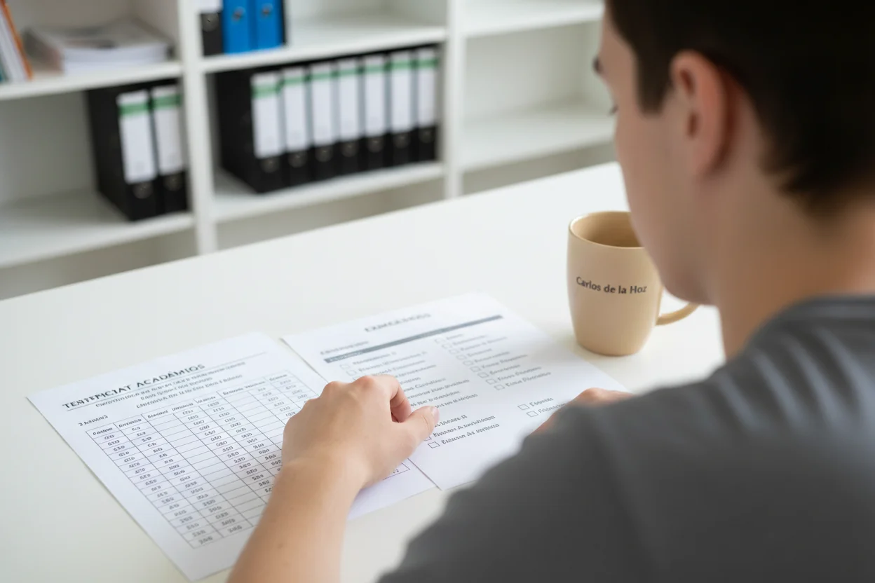 estudante a comparar boletim escolar e exames nacionais para calcular a sua média de acesso