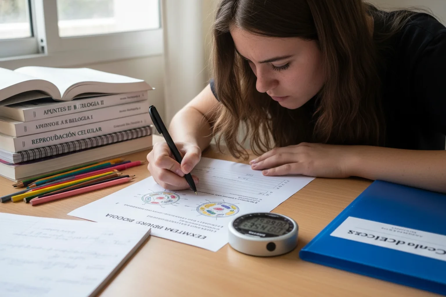 estudiante haciendo examen de práctica de biología con cronómetro para preparar la fase específica EBAU