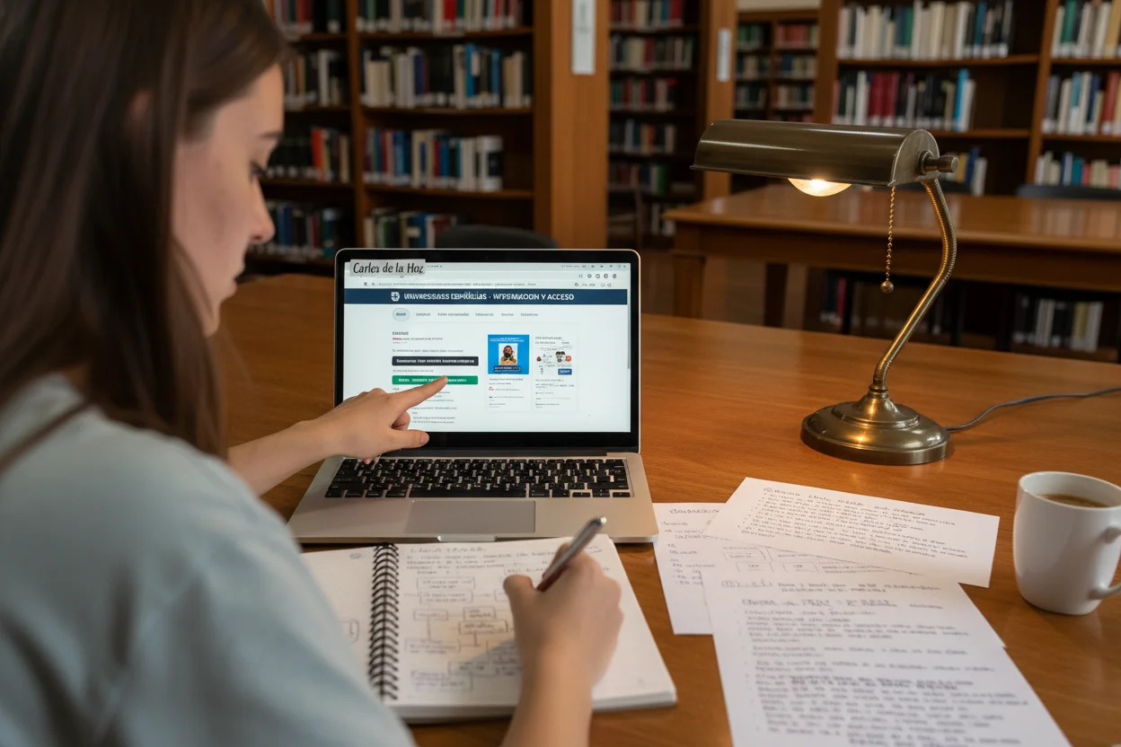 estudante a investigar universidades espanholas no portátil em biblioteca com anotações UNEDasiss