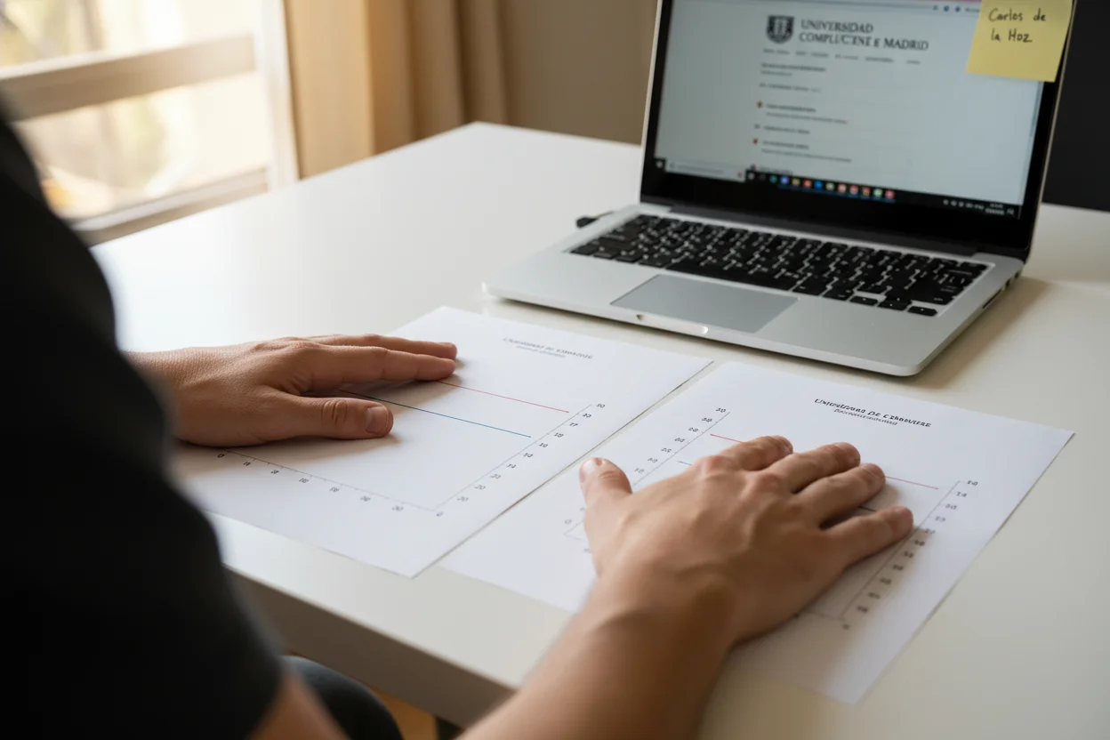 estudante a comparar os sistemas de notas de Portugal e Espanha para candidatura universitária