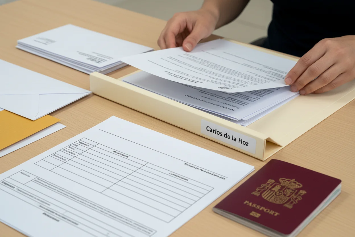 mãos a organizar documentação de acreditação UNEDasiss com pasta e passaporte