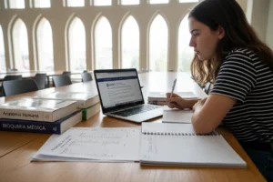 estudante em biblioteca universitária a consultar informação sobre mudanças no ensino superior 2026