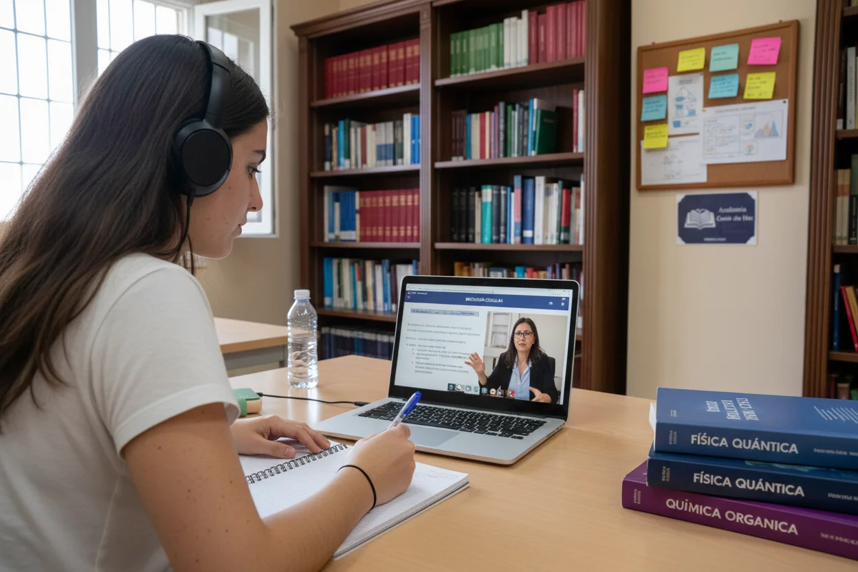 estudante em biblioteca com auscultadores a assistir a aula online sobre acesso a universidades em Espanha