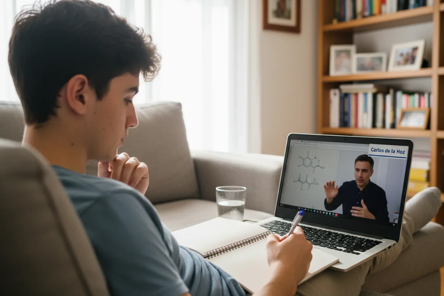 estudiante viendo clase online de química EBAU para subir nota y acceder a carreras de salud