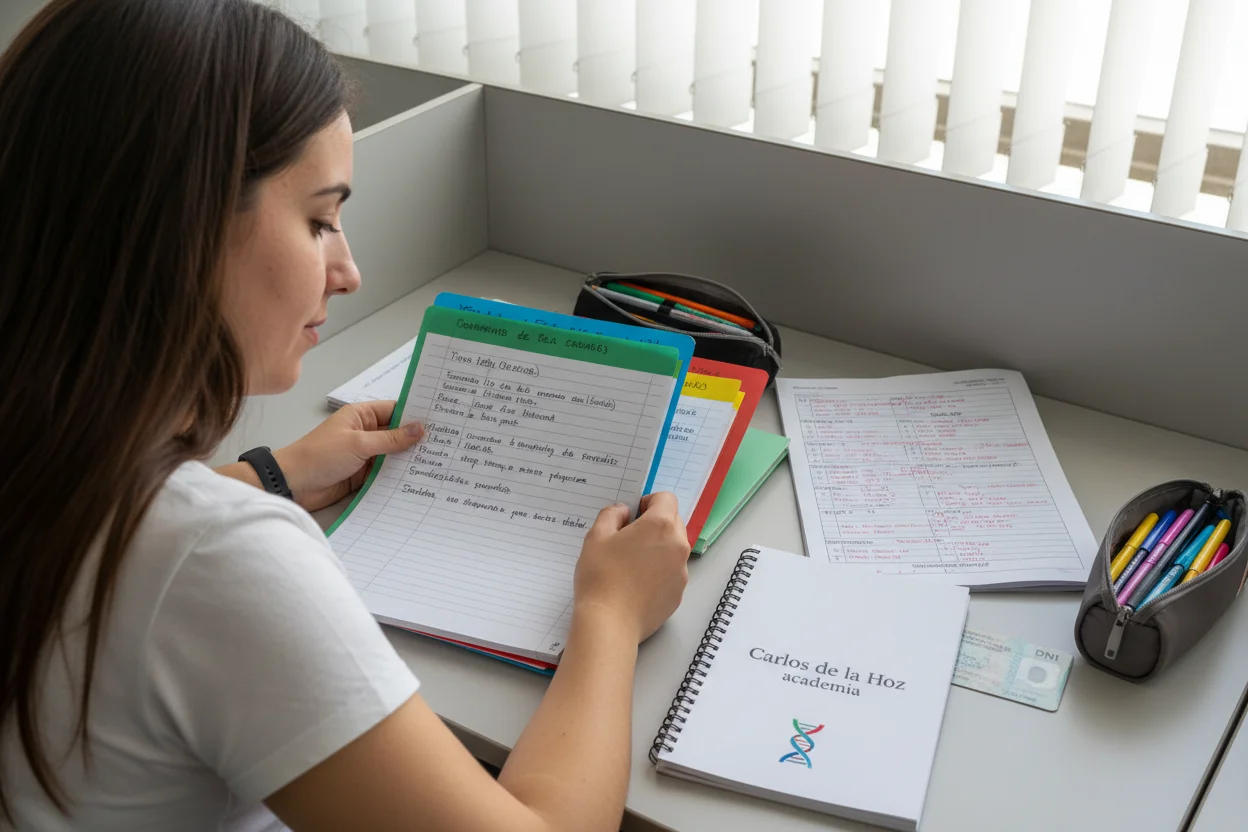 Estudiante repasando resúmenes organizados antes del examen de Selectividad