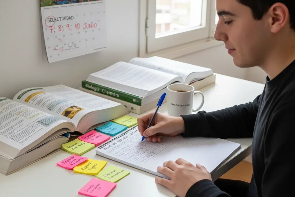 Estudiante organizando su plan de estudio para preparar la Selectividad con libros de Biología y Química