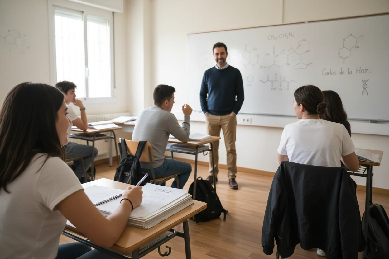 Profesor explicando fórmulas de química en clase mientras estudiantes toman notas para la Selectividad