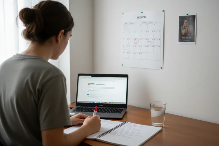 estudante portuguesa a marcar datas no calendário UNEDasiss 2026 com portátil de acreditação aberto