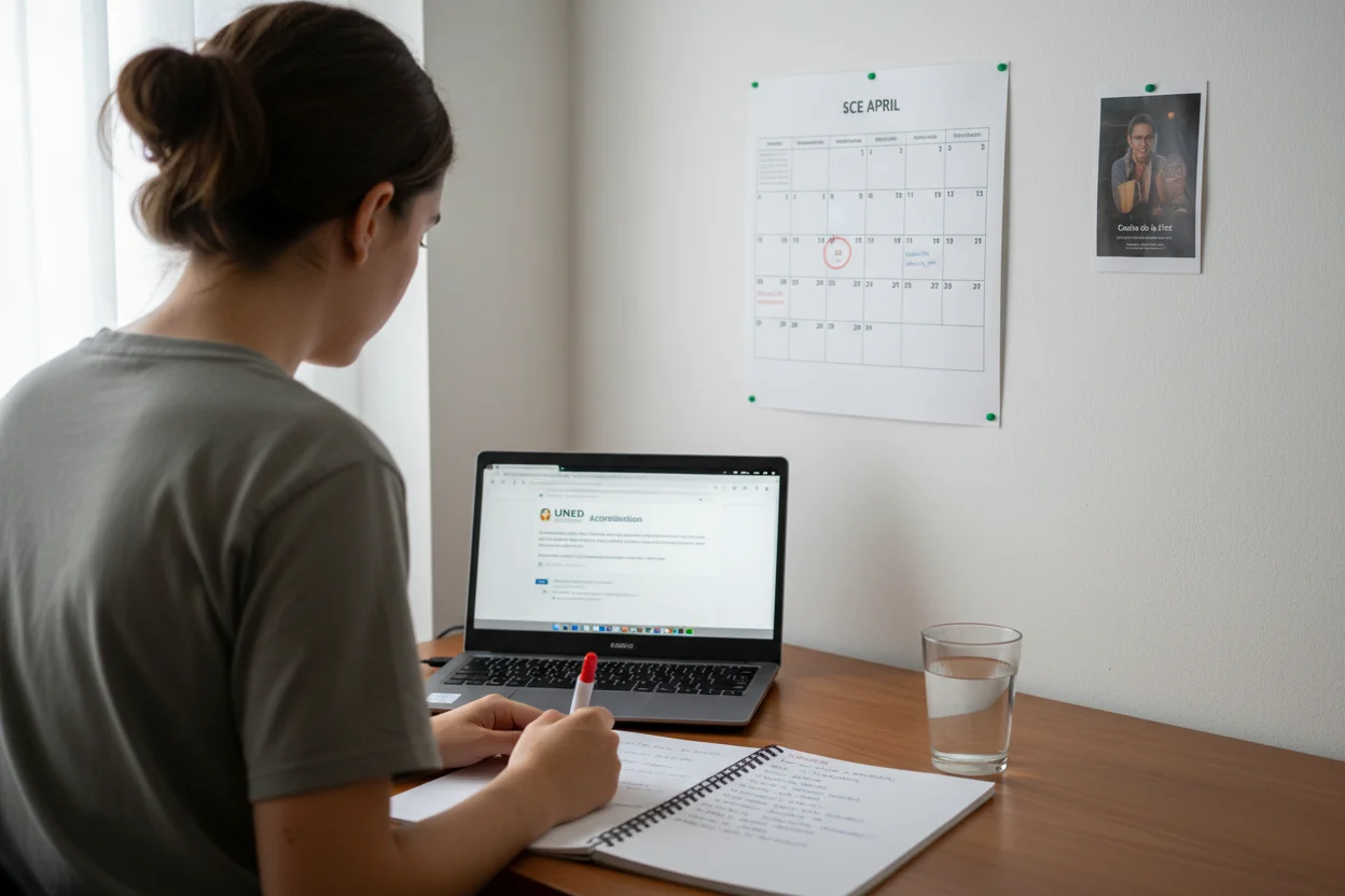 estudante portuguesa a marcar datas no calendário UNEDasiss 2026 com portátil de acreditação aberto