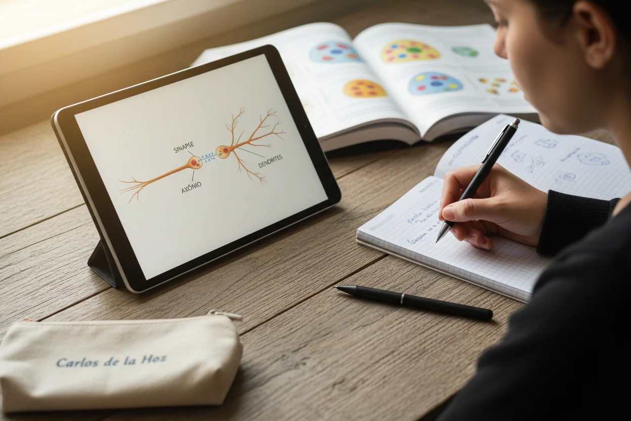 Aula online de Biologia em tablet com diagrama de neurónio e estudante a tirar apontamentos