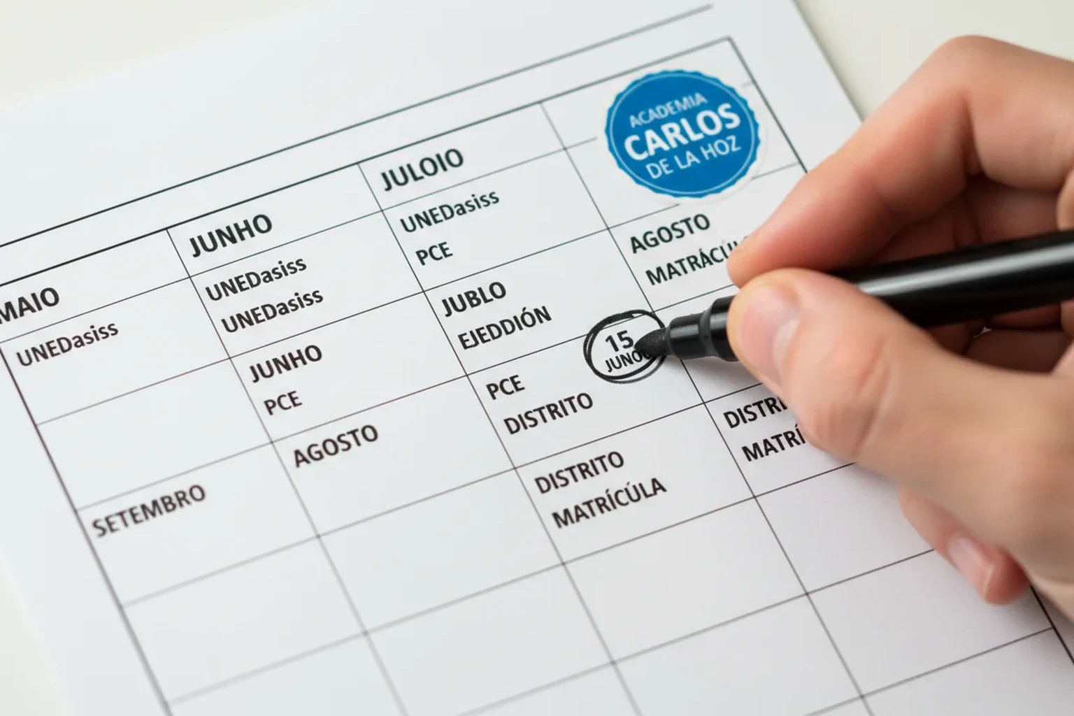 Calendario de candidatura para universidade em Espanha com prazos marcados e autocollante da Academia Carlos de la Hoz
