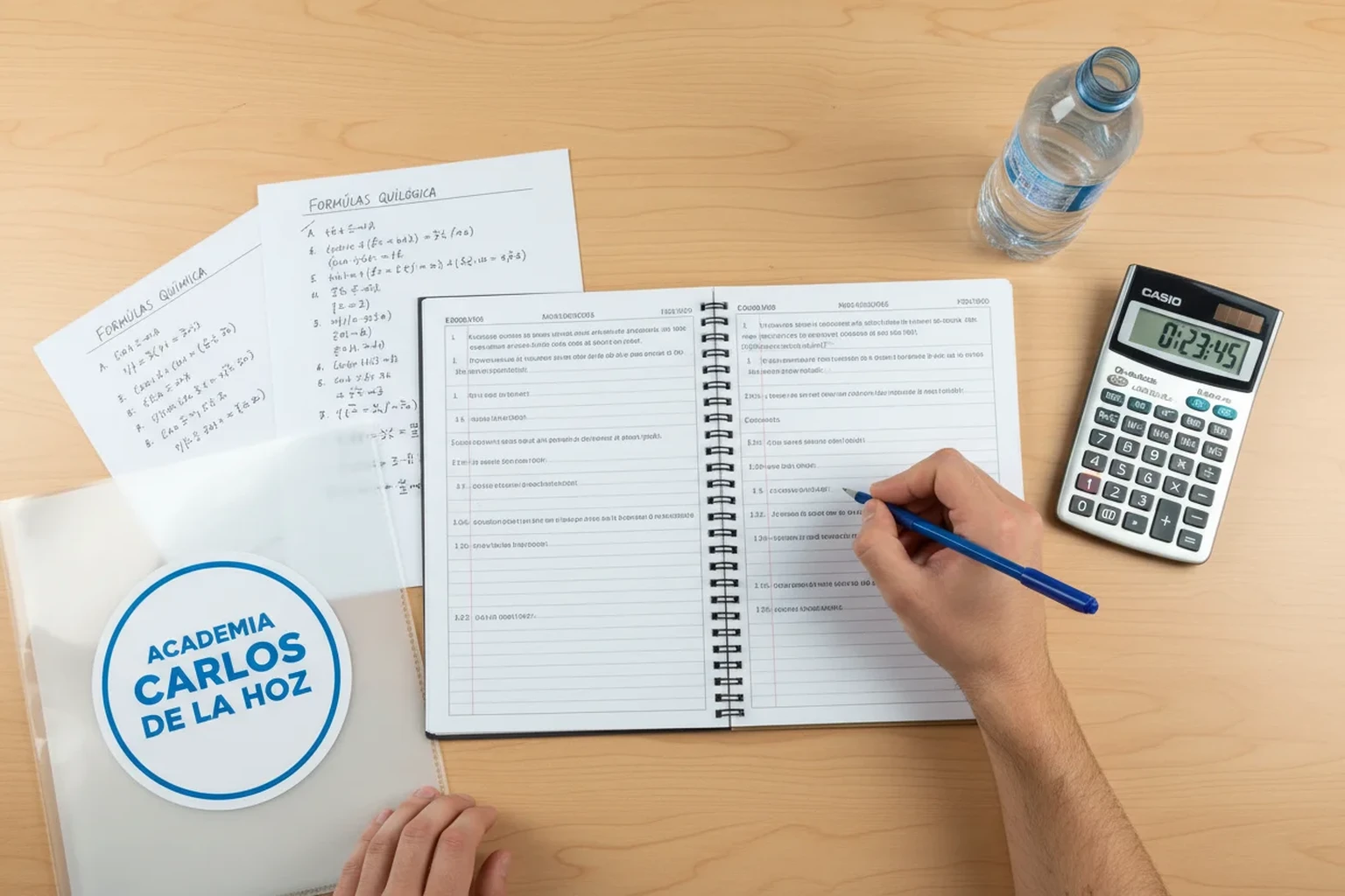 Vista cenital de un escritorio durante un simulacro de Selectividad con cuaderno, calculadora y formulas de Quimica preparadas