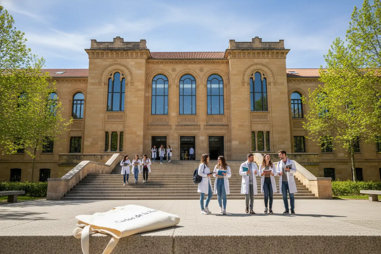 Campus universitário europeu de medicina com estudantes a sair de aula em primavera