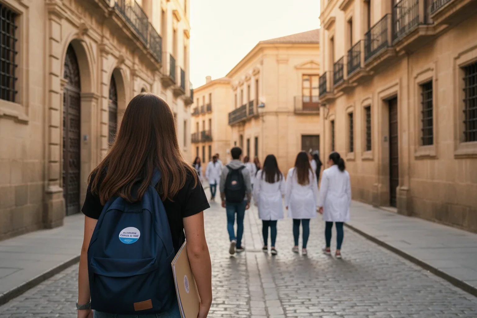 Estudante portuguesa a visitar uma cidade universitaria espanhola para estudar Medicina com carpeta da Academia Carlos de la Hoz