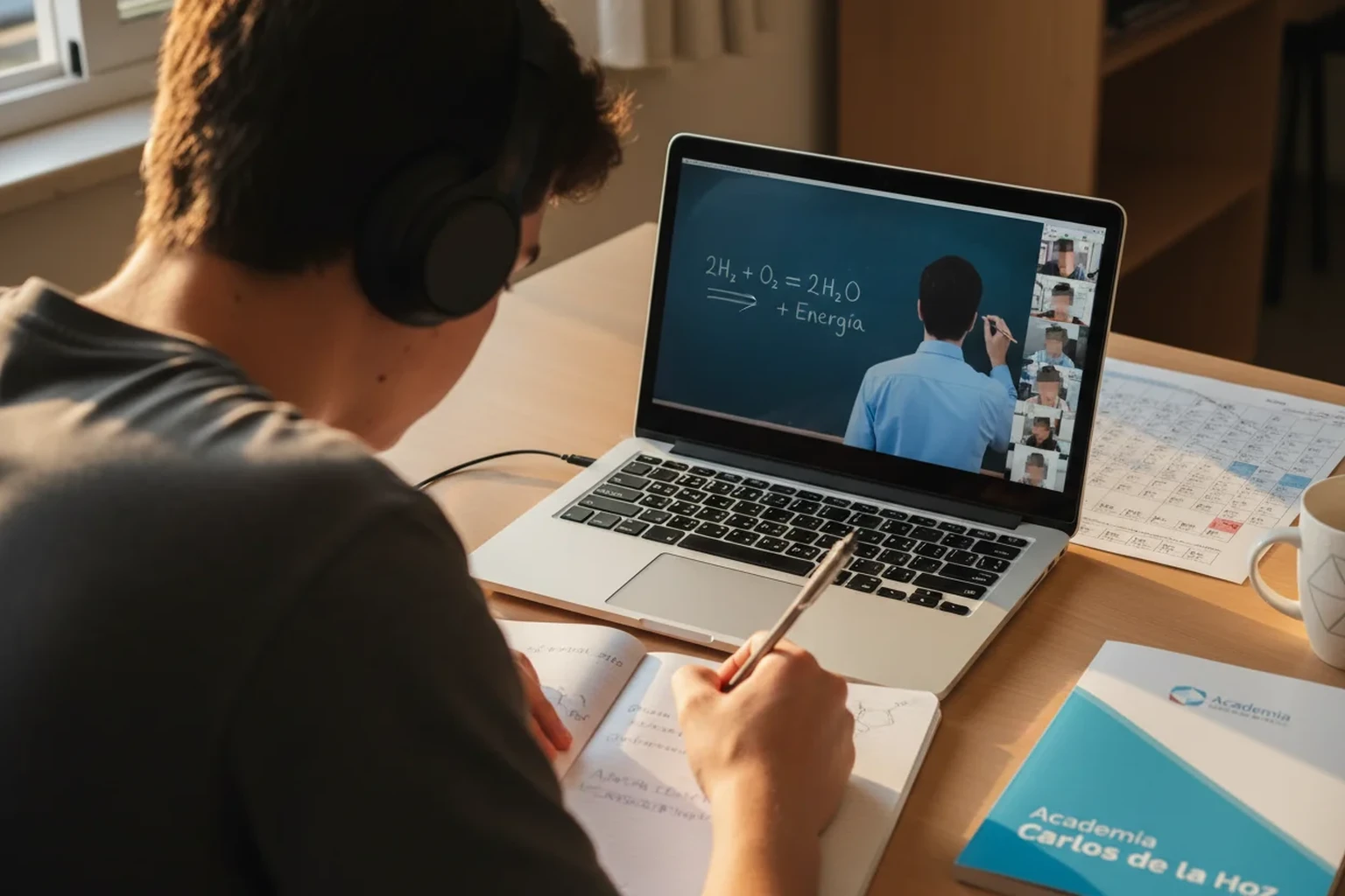 Estudiante en clase en directo online de Quimica EBAU con profesor en pizarra digital y folleto de Academia Carlos de la Hoz