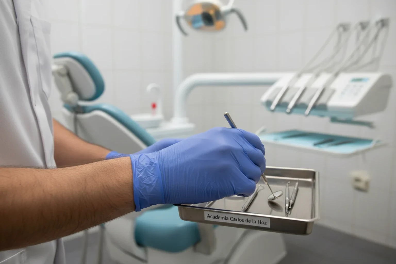 Estudiante de odontologia con bata blanca y guantes preparando instrumental dental en una clinica universitaria de Madrid