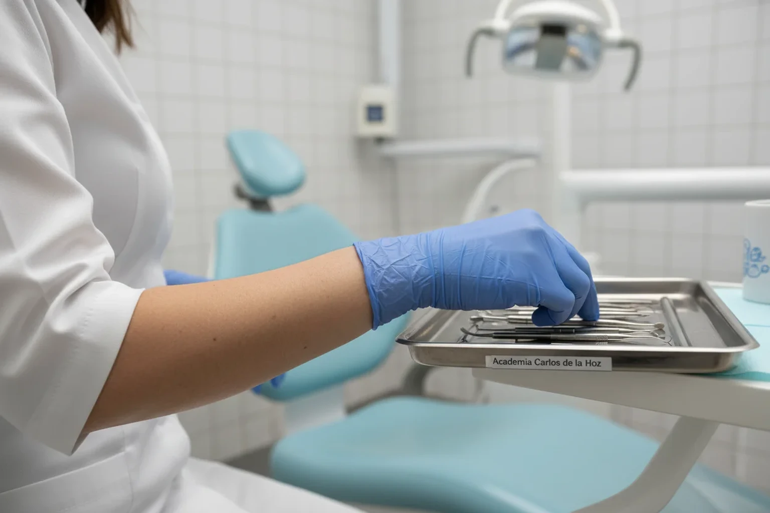 Mano de estudiante con guante azul preparando instrumental dental en clinica universitaria de Odontologia con etiqueta de Academia Carlos de la Hoz