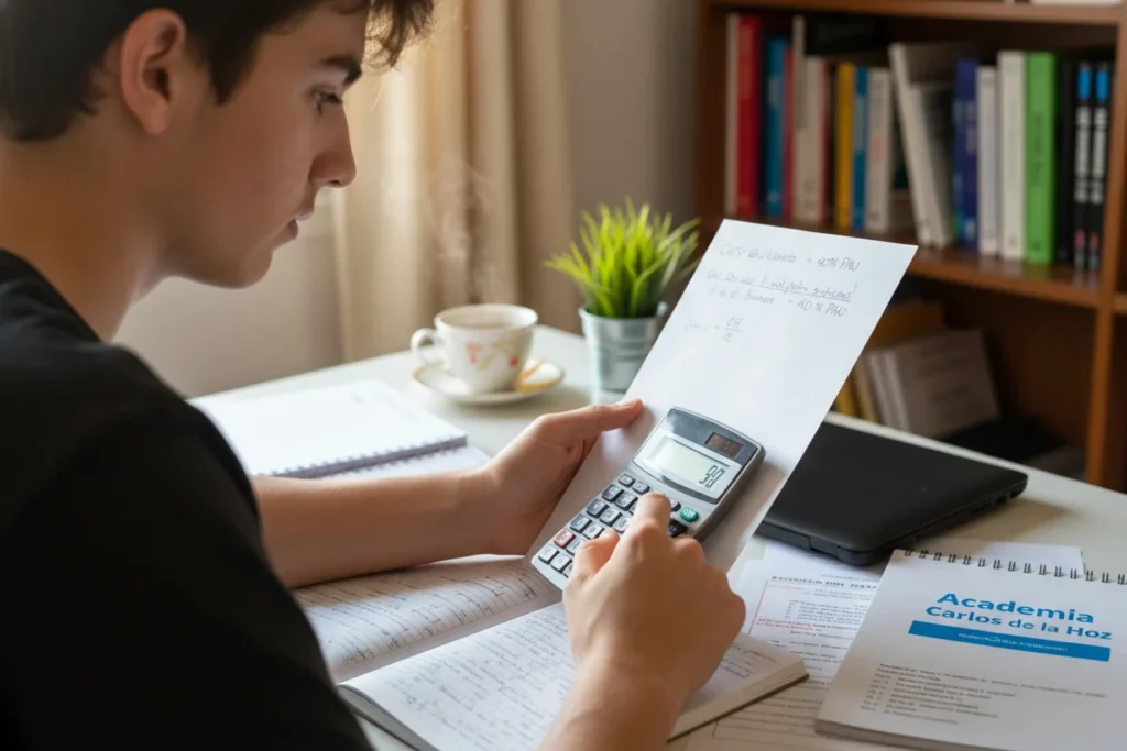 Estudiante revisando la formula de la nota PAU con calculadora y libreta de Academia Carlos de la Hoz para entender que necesita para aprobar
