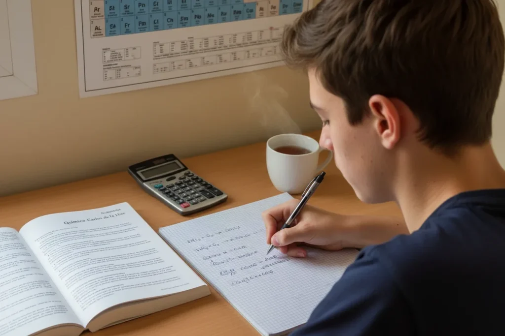 Estudiante de Bachillerato preparando Quimica para Selectividad escribiendo formulas con su libro de Academia Carlos de la Hoz