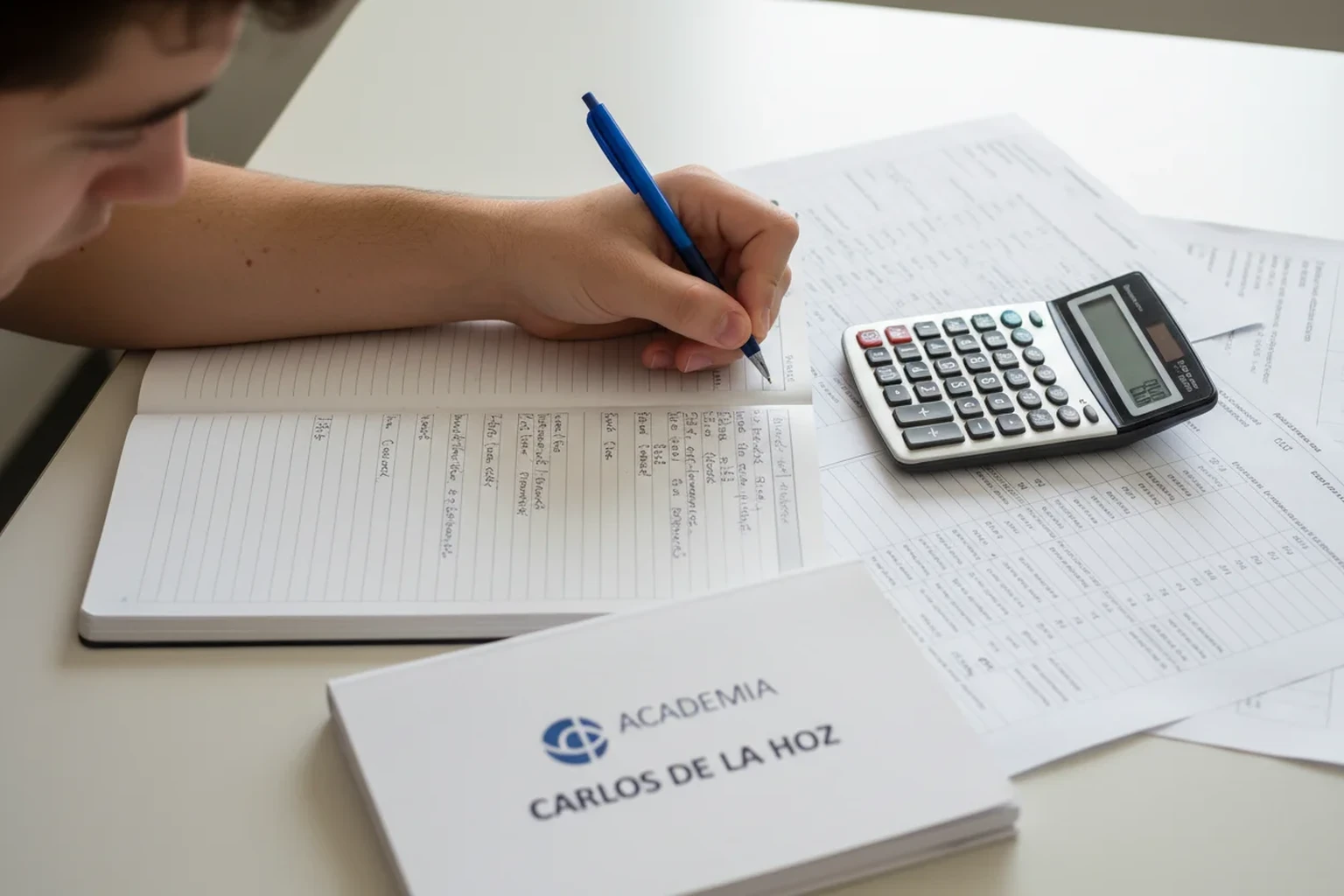 Vista cenital de mesa a comparar notas de Enfermagem em Portugal e Espanha com calculadora e libreta da Academia Carlos de la Hoz