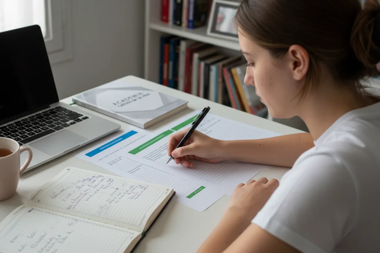 Estudante portuguesa a comparar duas opcoes de candidatura ao ensino superior com a libreta da Academia Carlos de la Hoz