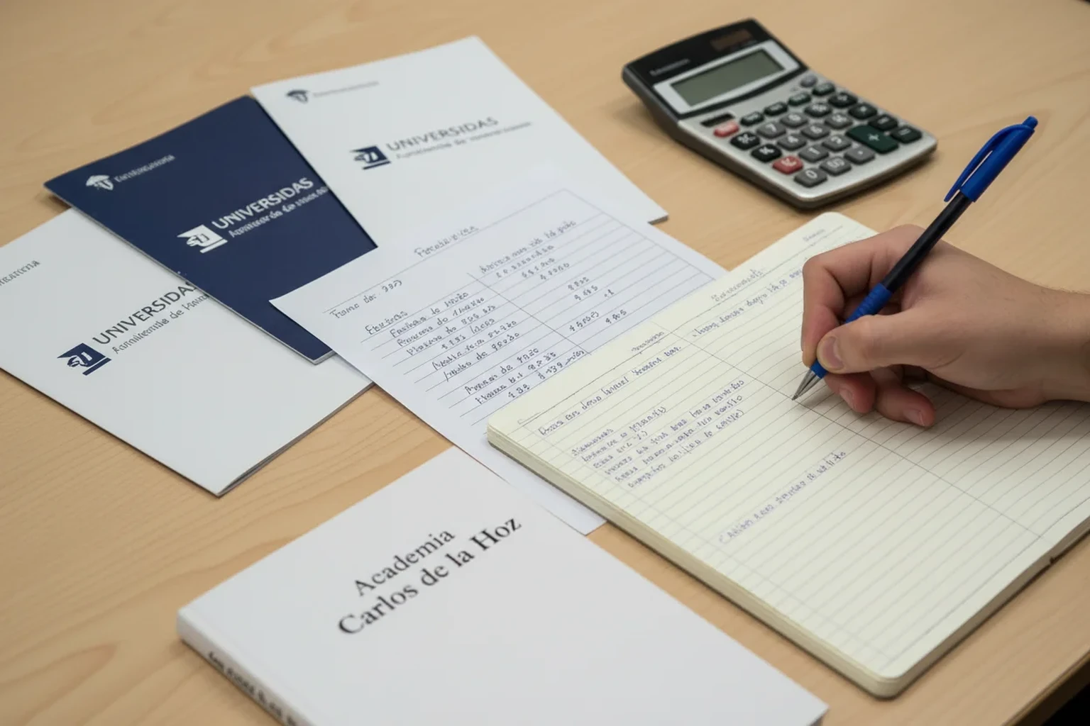 Vista cenital de mesa com folhetos de universidades europeias para comparar com caderno da Academia Carlos de la Hoz