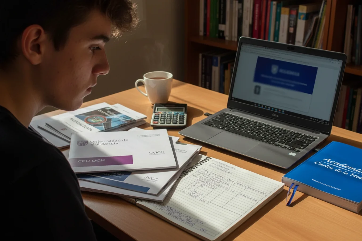 Estudiante comparando folletos de universidades para estudiar Odontologia en Valencia con libreta de Academia Carlos de la Hoz