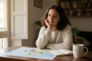 Estudante portuguesa a decidir destino para estudar medicina fora de Portugal com mapa da Europa