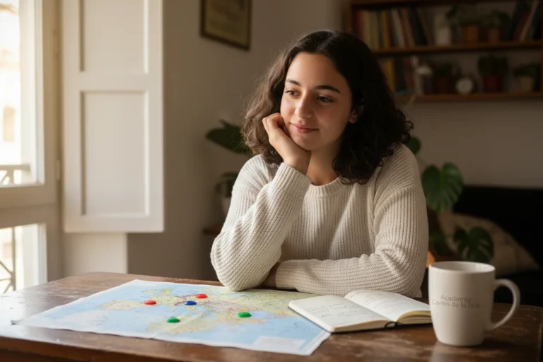 Estudante portuguesa a decidir destino para estudar medicina fora de Portugal com mapa da Europa