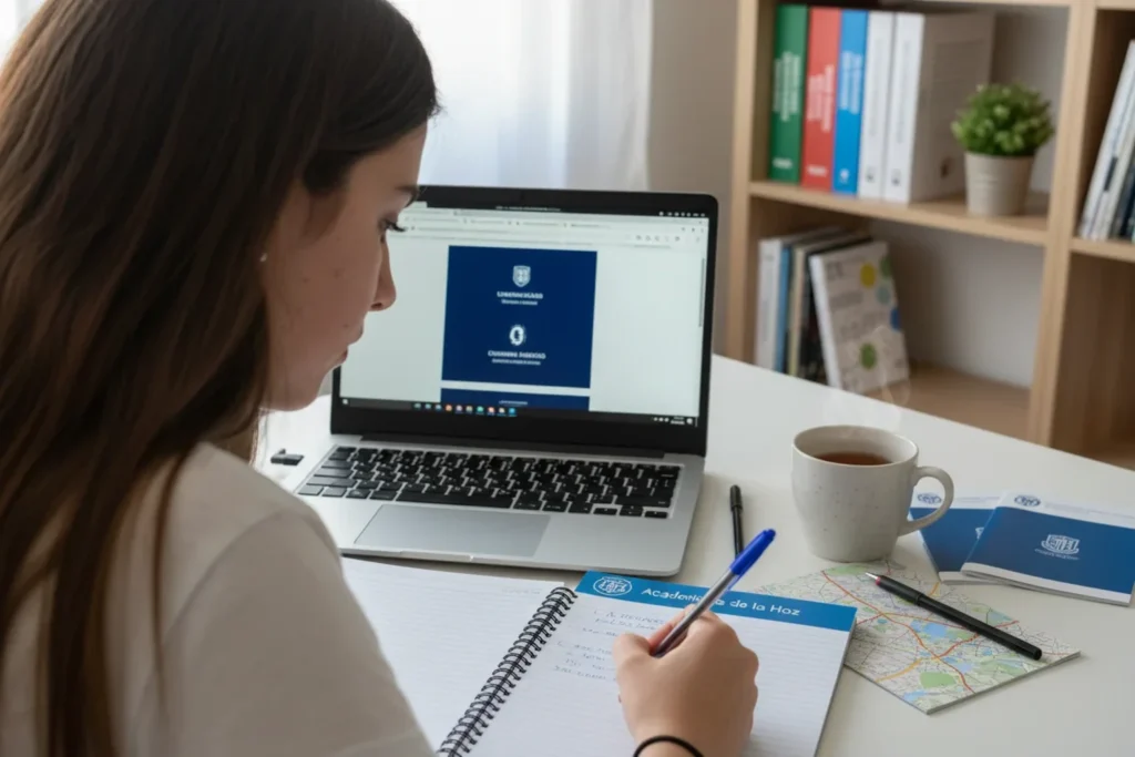 Estudiante investigando opciones de universidades para estudiar odontologia en Madrid en su escritorio en casa con folletos