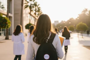 Estudiante caminando hacia el campus para estudiar Odontologia en Valencia con carpeta de Academia Carlos de la Hoz