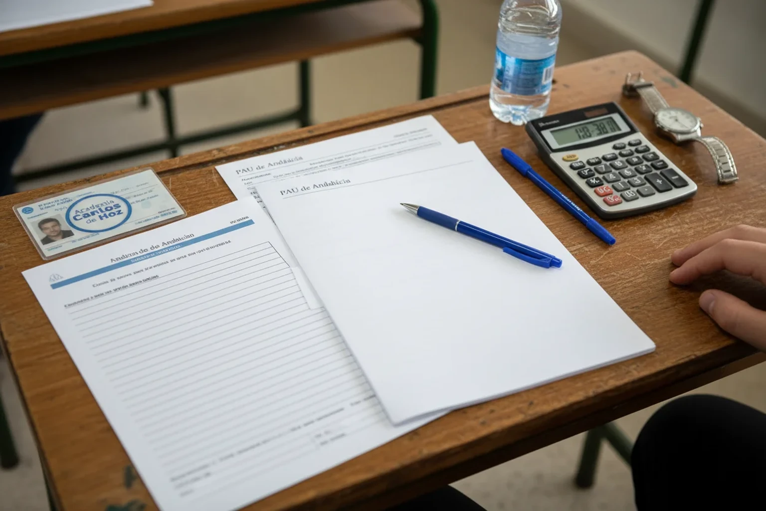 Mesa de examen PAU Andalucia con cuadernillo, calculadora, boligrafo y carnet de estudiante de Academia Carlos de la Hoz