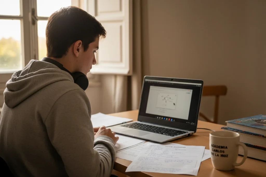 Aluno português a ter explicação online de Química com computador portátil e exame nacional na mesa
