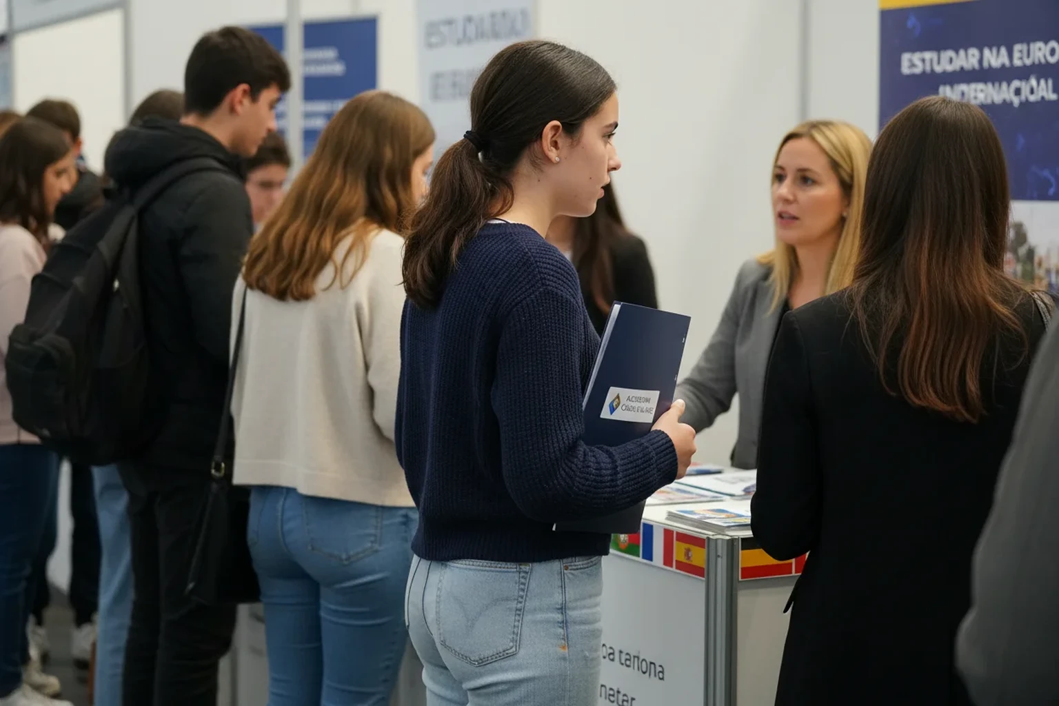 Estudante portuguesa numa feira de educacao internacional a investigar opcoes para estudar fora com carpeta da Academia Carlos de la Hoz