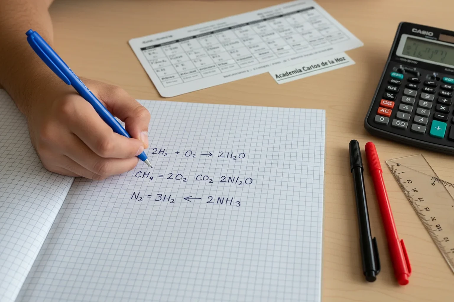 Detalle de la mano de un estudiante escribiendo ecuaciones quimicas balanceadas junto a la tabla periodica para la EBAU