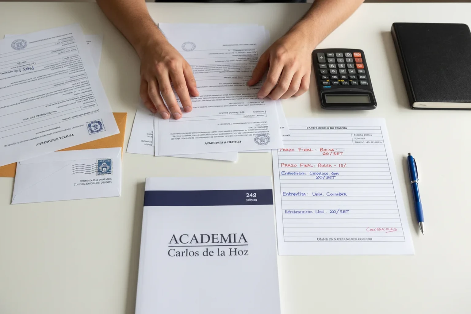 Vista cenital de mesa a organizar documentacao para candidatura a universidade espanhola com libreta da Academia Carlos de la Hoz